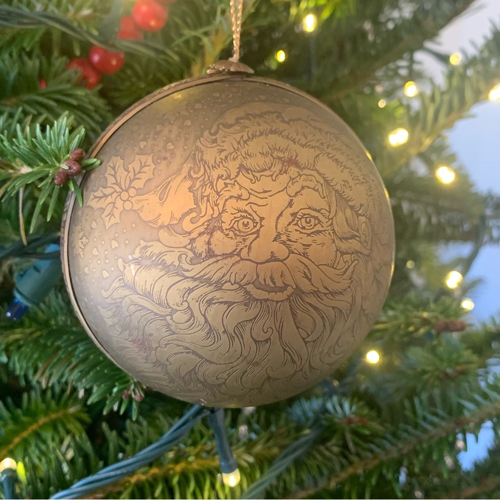 Vintage Engraved/Etched Brass Santa Ball Ornament